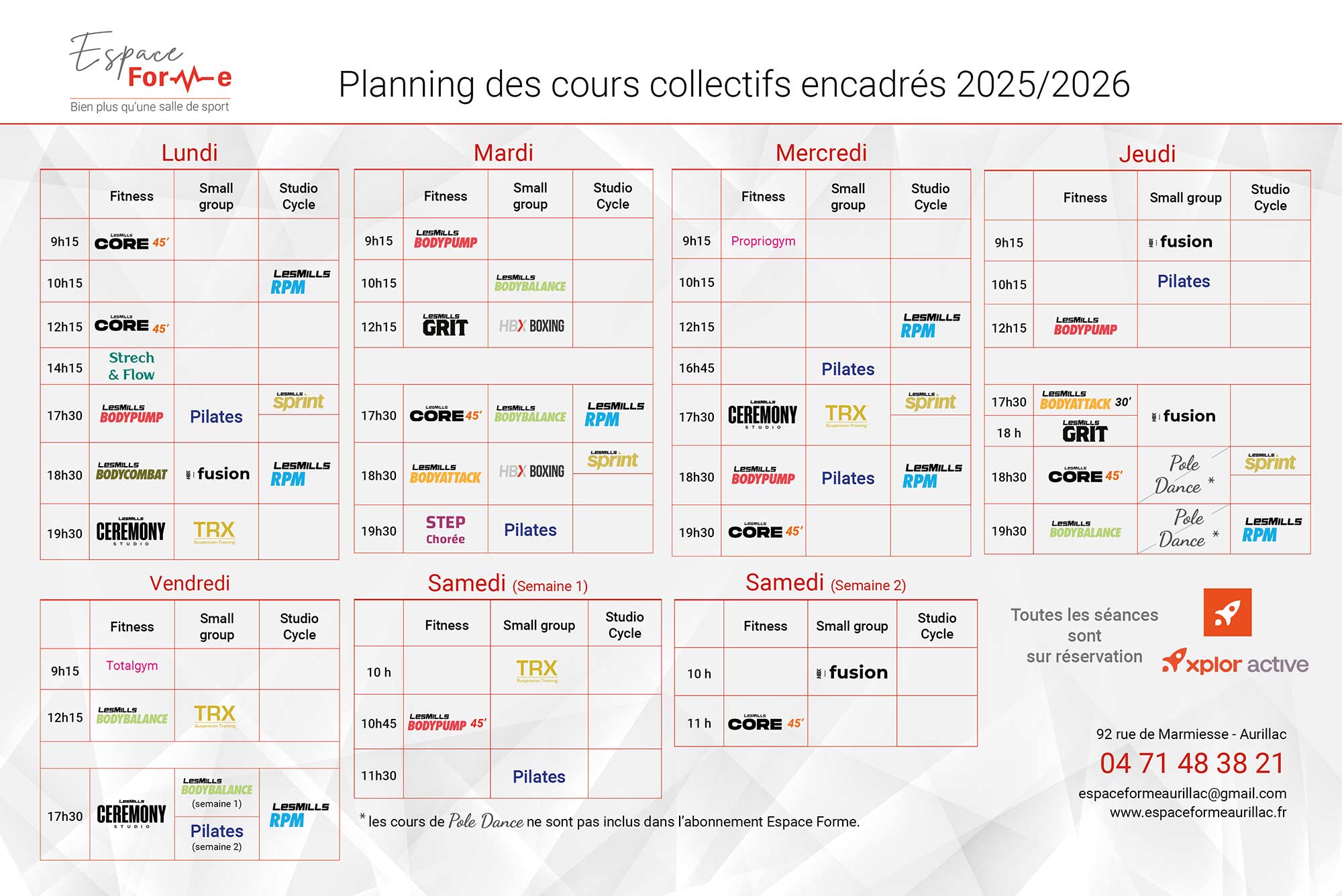Planning des cours collectifs encadés par des coachs et proposés par la salle de sport Espace Forme Aurillac dans le Cantal depuis janvier 2024