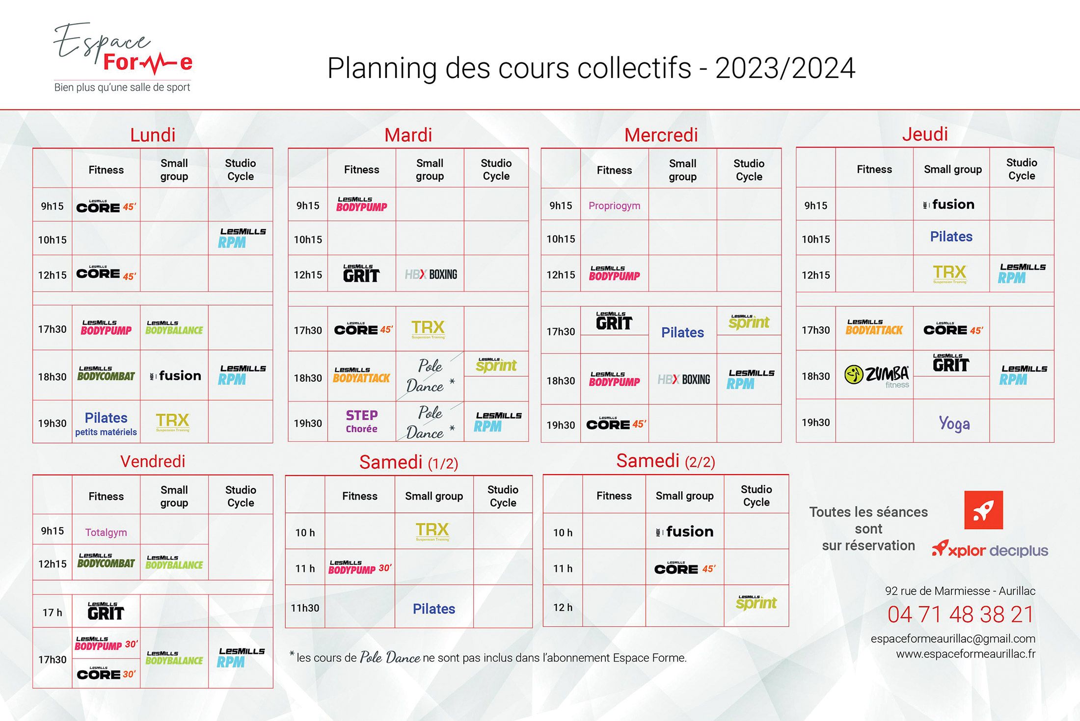 Planning des cours collectifs proposés par la salle de sport Espace Forme Aurillac dans le Cantal à partir de septembre 2023
