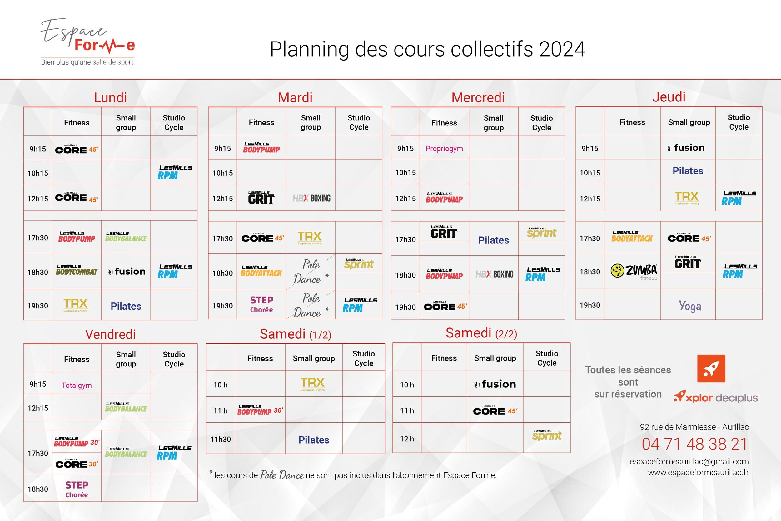 Planning des cours collectifs proposés par la salle de sport Espace Forme Aurillac dans le Cantal depuis janvier 2024